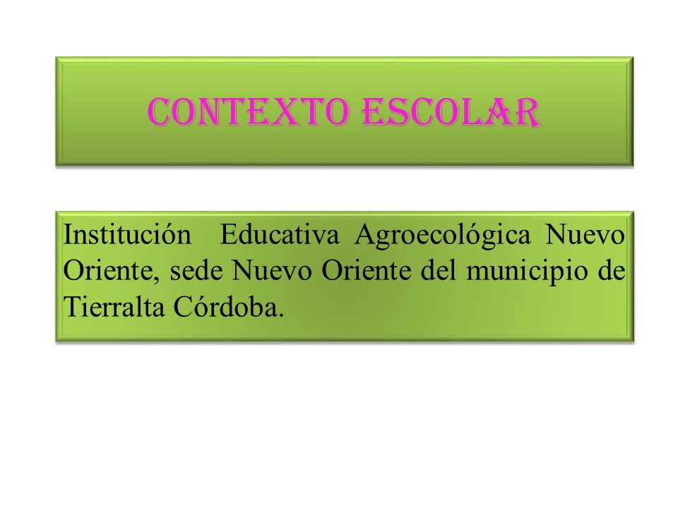 CONTEXTO ESCOLAR Institución Educativa Agroecológica Nuevo Oriente, sede Nuevo Oriente del municipio de Tierralta Córdoba.