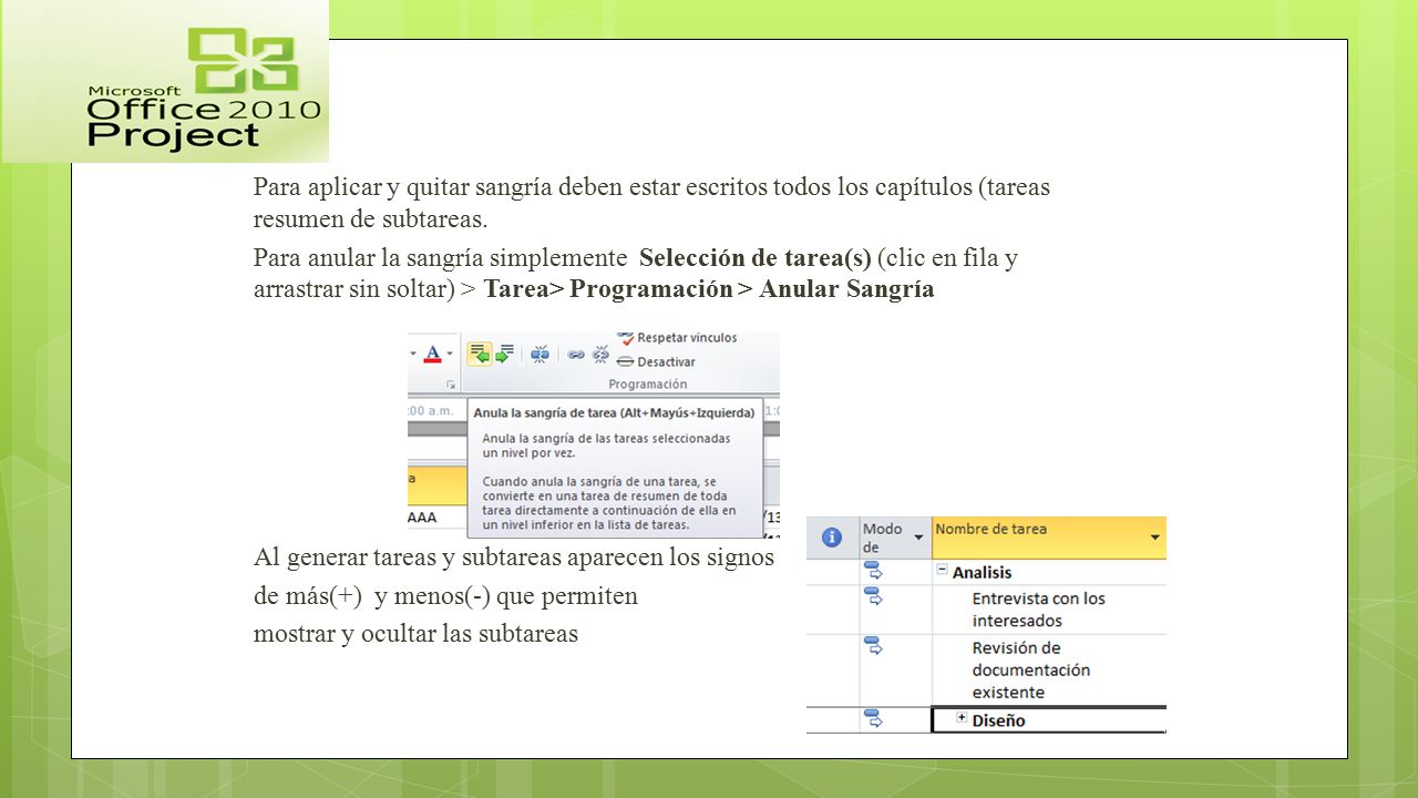 Para aplicar y quitar sangría deben estar escritos todos los capítulos (tareas resumen de subtareas.