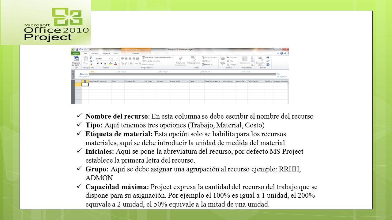 Nombre del recurso: En esta columna se debe escribir el nombre del recurso