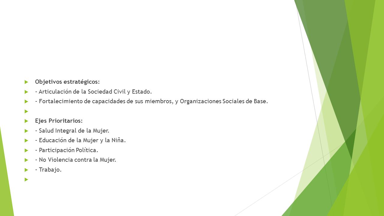 Objetivos estratégicos: - Articulación de la Sociedad Civil y Estado.