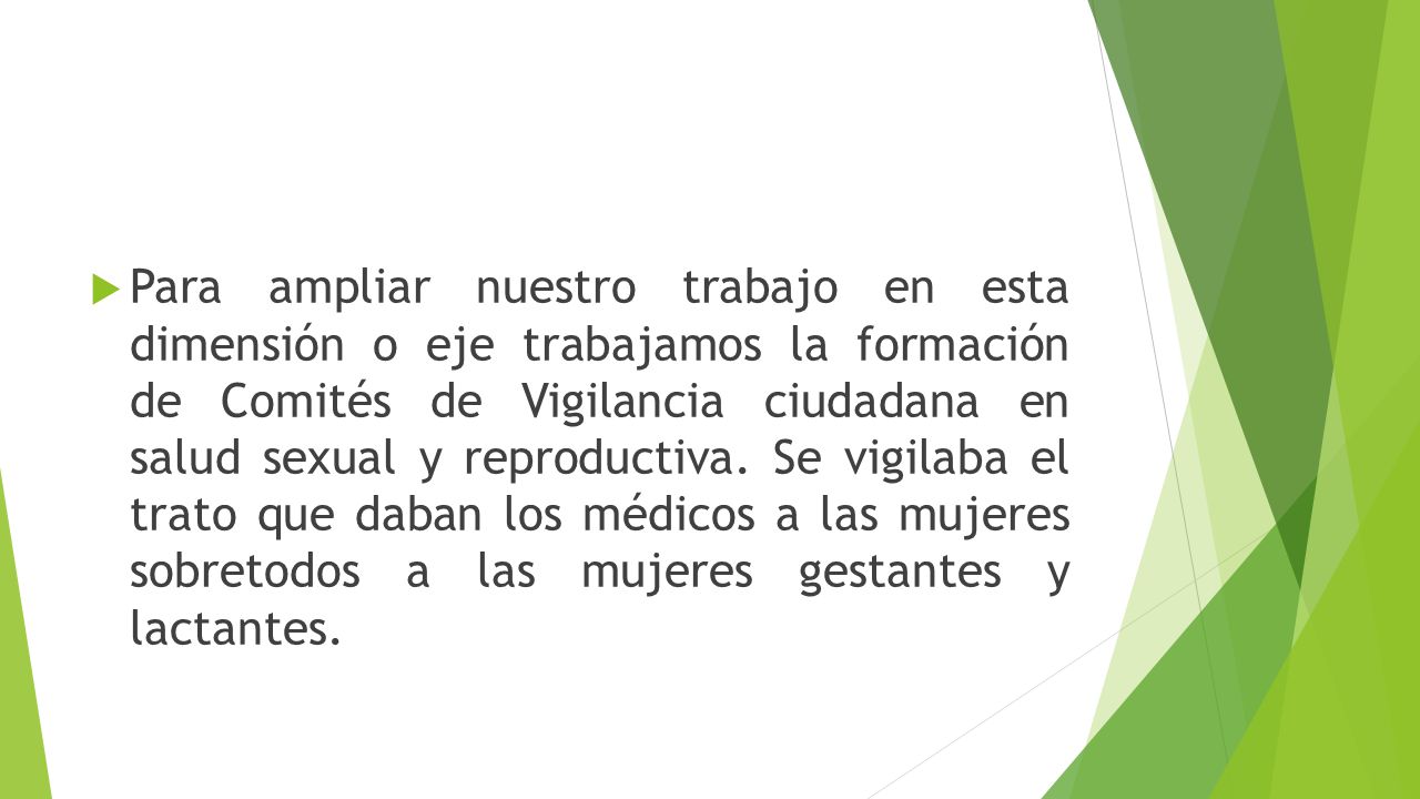 Para ampliar nuestro trabajo en esta dimensión o eje trabajamos la formación de Comités de Vigilancia ciudadana en salud sexual y reproductiva.