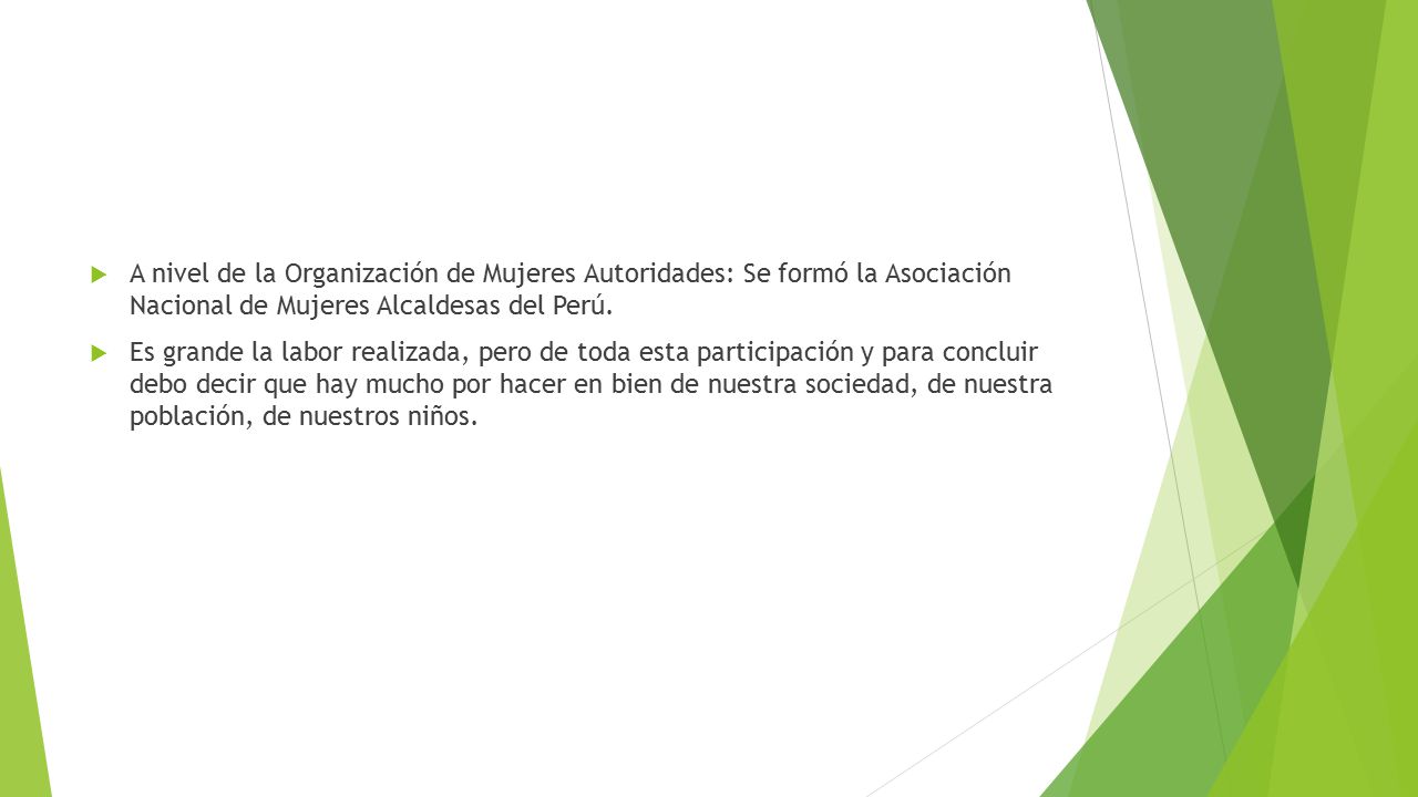 A nivel de la Organización de Mujeres Autoridades: Se formó la Asociación Nacional de Mujeres Alcaldesas del Perú.