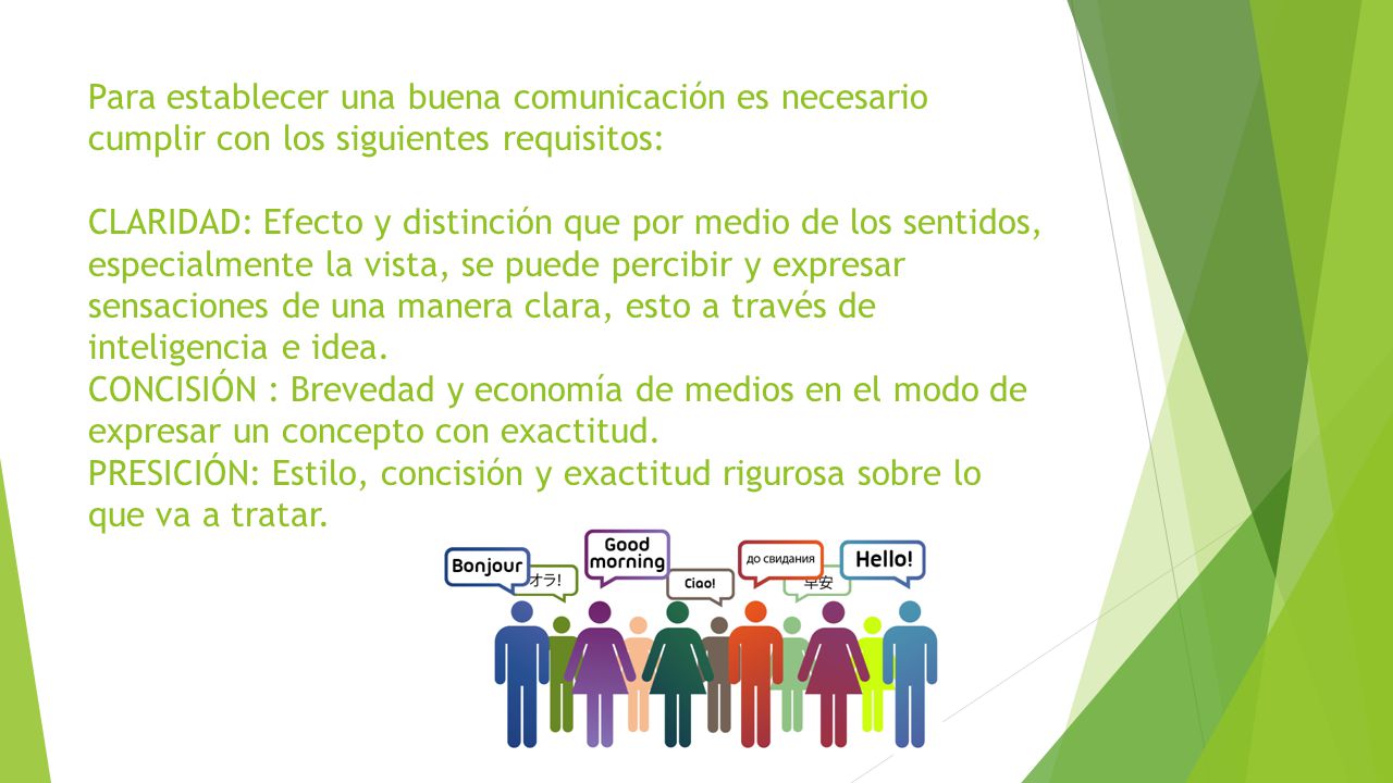 Para establecer una buena comunicación es necesario cumplir con los siguientes requisitos: CLARIDAD: Efecto y distinción que por medio de los sentidos, especialmente la vista, se puede percibir y expresar sensaciones de una manera clara, esto a través de inteligencia e idea.