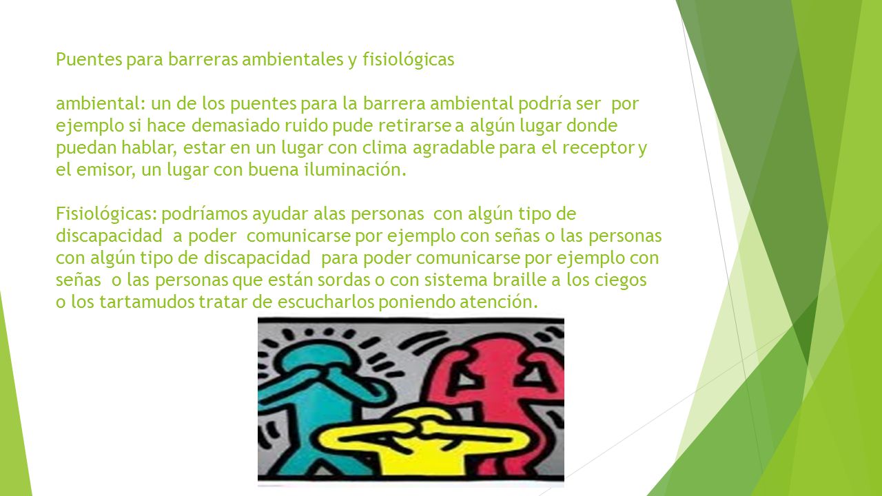 Puentes para barreras ambientales y fisiológicas ambiental: un de los puentes para la barrera ambiental podría ser por ejemplo si hace demasiado ruido pude retirarse a algún lugar donde puedan hablar, estar en un lugar con clima agradable para el receptor y el emisor, un lugar con buena iluminación.