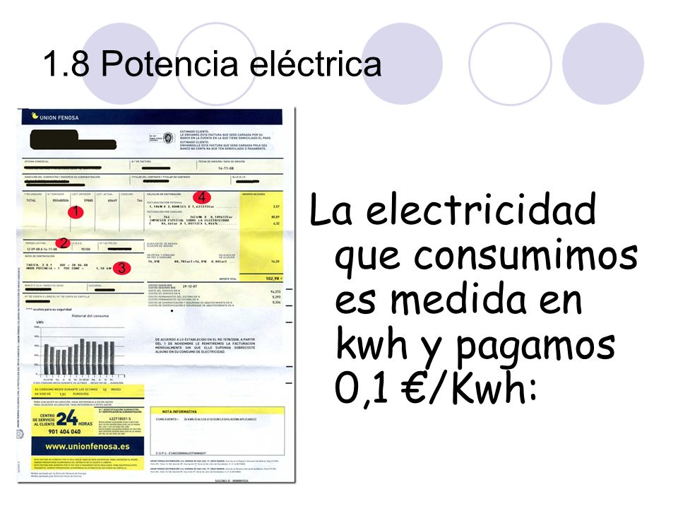 La electricidad que consumimos es medida en kwh y pagamos 0,1 €/Kwh: