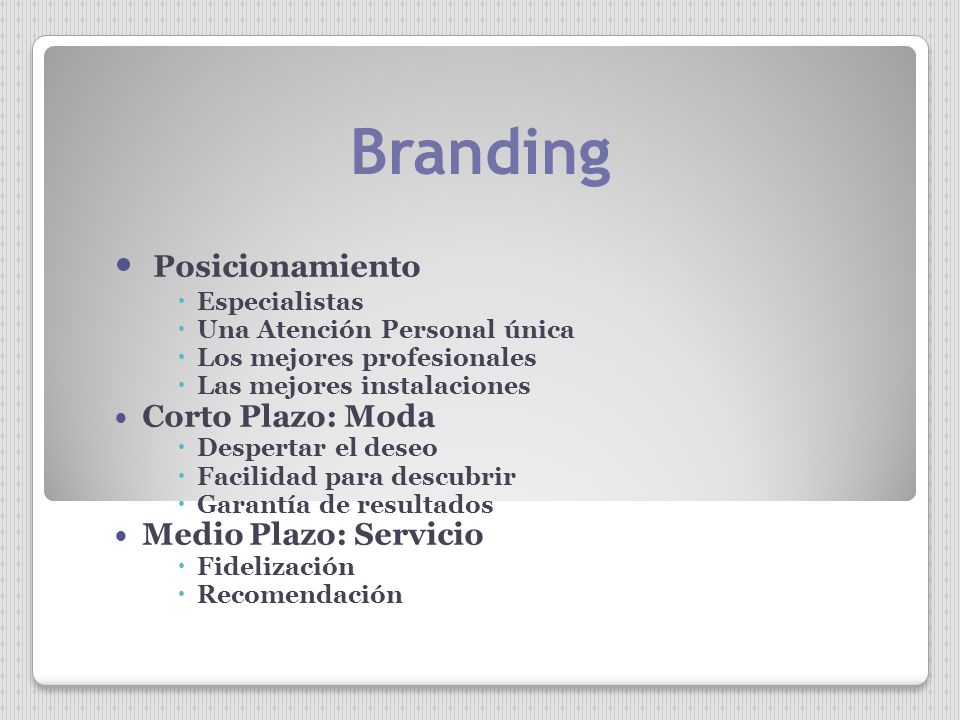 Branding Posicionamiento Corto Plazo: Moda Medio Plazo: Servicio