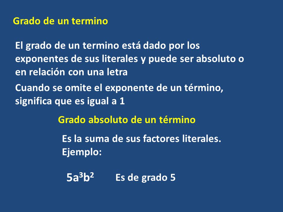 Grado de un termino El grado de un termino está dado por los exponentes de sus literales y puede ser absoluto o en relación con una letra.