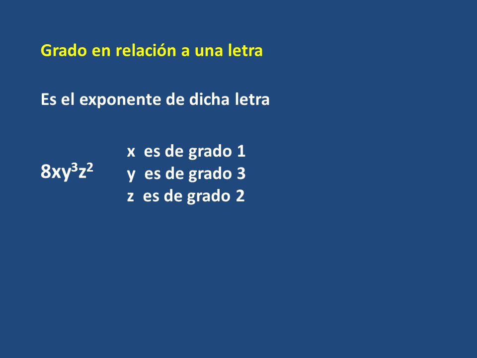 8xy3z2 Grado en relación a una letra Es el exponente de dicha letra