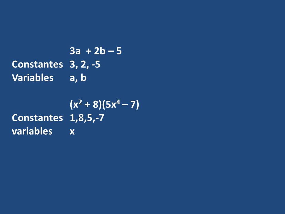 3a + 2b – 5 Constantes Variables 3, 2, -5 a, b (x2 + 8)(5x4 – 7) Constantes variables 1,8,5,-7 x