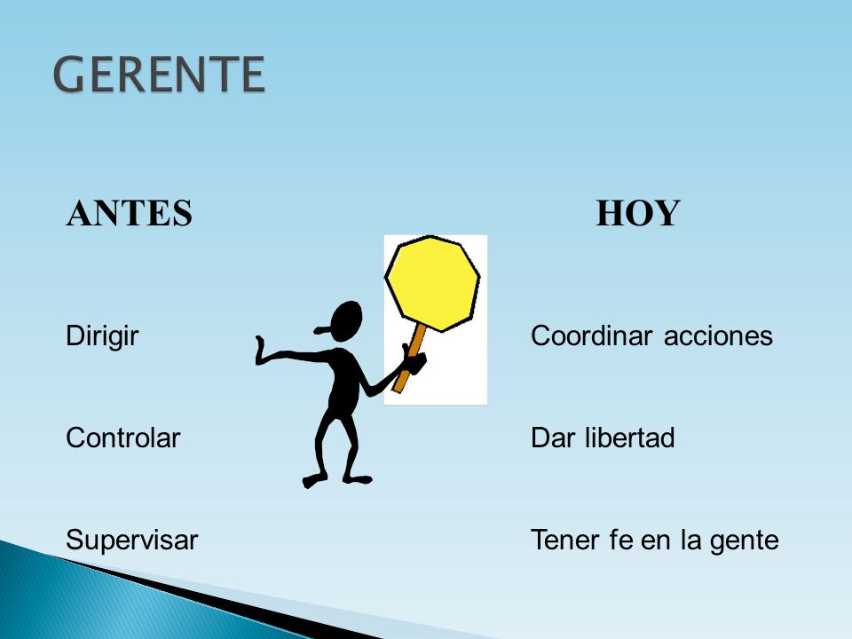 GERENTE ANTES HOY Dirigir Coordinar acciones Controlar Dar libertad