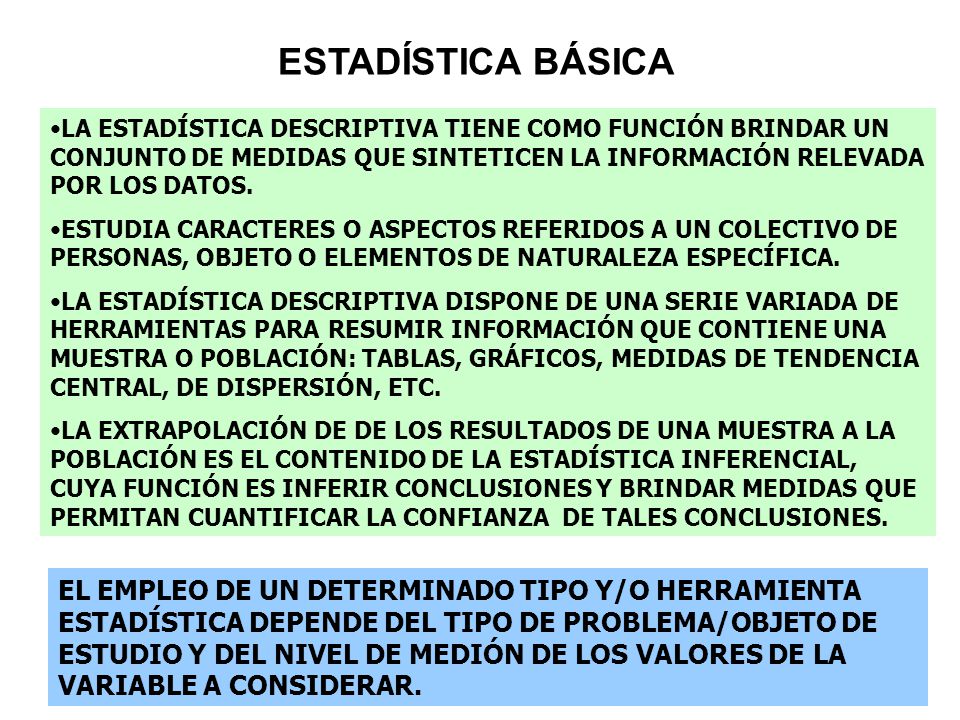 ESTADÍSTICA BÁSICA LA ESTADÍSTICA DESCRIPTIVA TIENE COMO FUNCIÓN BRINDAR UN CONJUNTO DE MEDIDAS QUE SINTETICEN LA INFORMACIÓN RELEVADA POR LOS DATOS.