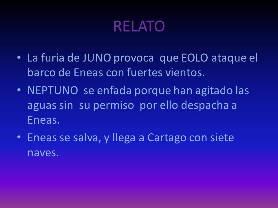 RELATO La furia de JUNO provoca que EOLO ataque el barco de Eneas con fuertes vientos.