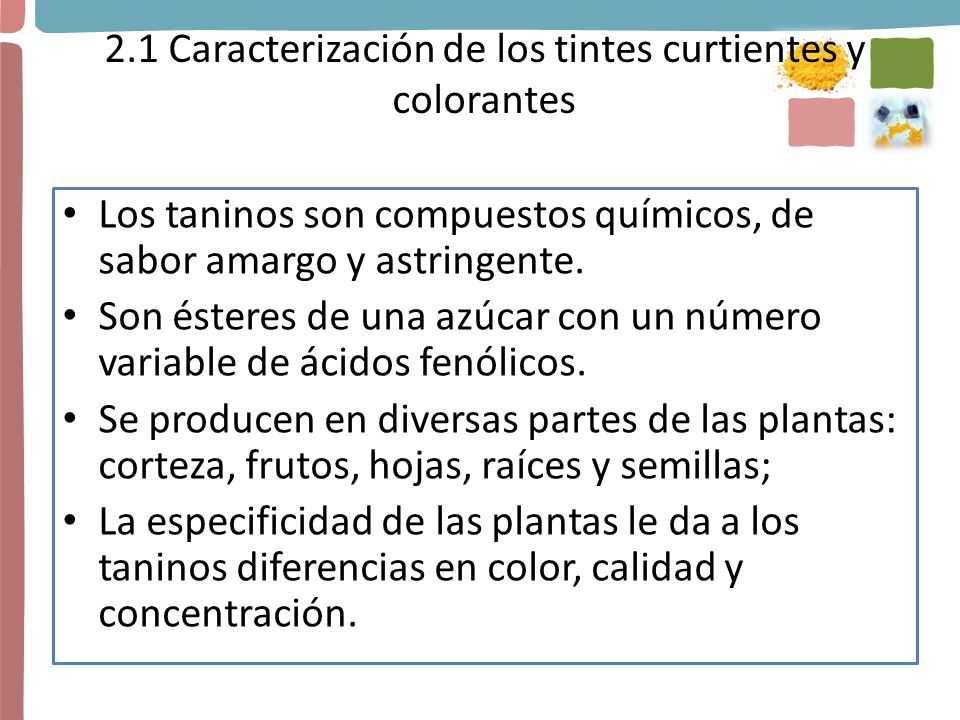 2.1 Caracterización de los tintes curtientes y colorantes