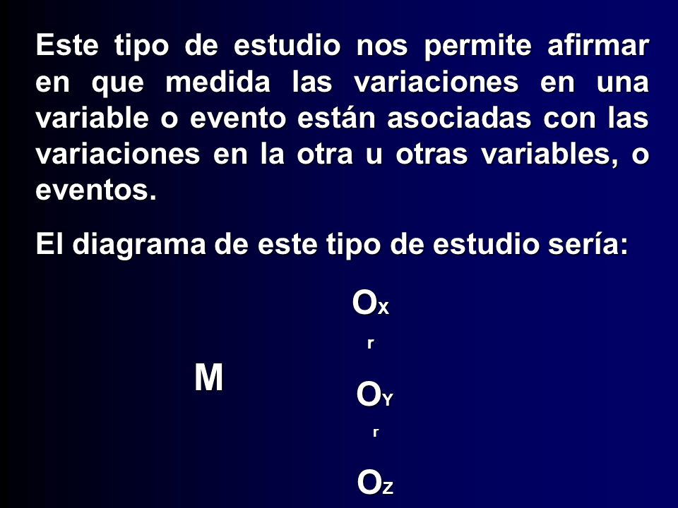 Este tipo de estudio nos permite afirmar en que medida las variaciones en una variable o evento están asociadas con las variaciones en la otra u otras variables, o eventos.