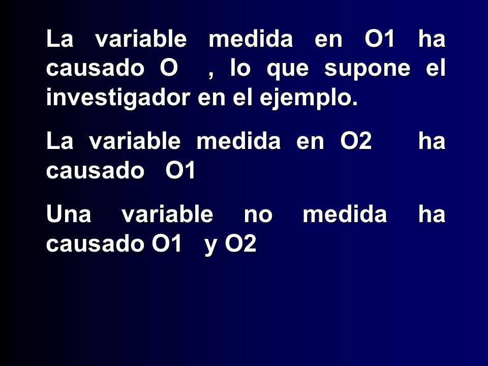 La variable medida en O1 ha causado O , lo que supone el investigador en el ejemplo.