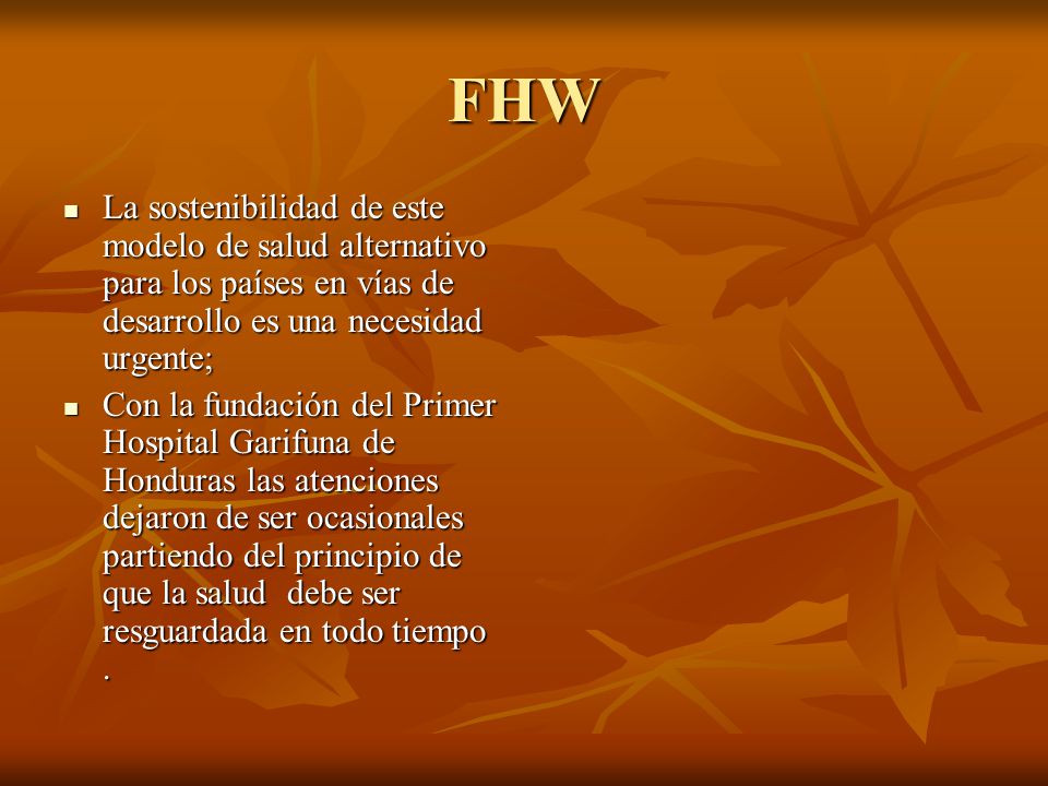 FHW La sostenibilidad de este modelo de salud alternativo para los países en vías de desarrollo es una necesidad urgente;