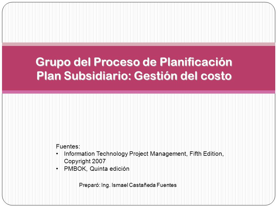 Grupo del Proceso de Planificación Plan Subsidiario: Gestión del costo