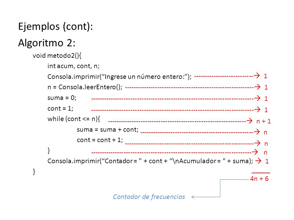 Ejemplos (cont): Algoritmo 2: void metodo2(){ int acum, cont, n;
