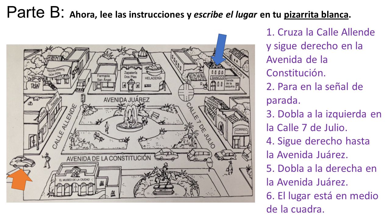 Parte B: Ahora, lee las instrucciones y escribe el lugar en tu pizarrita blanca.