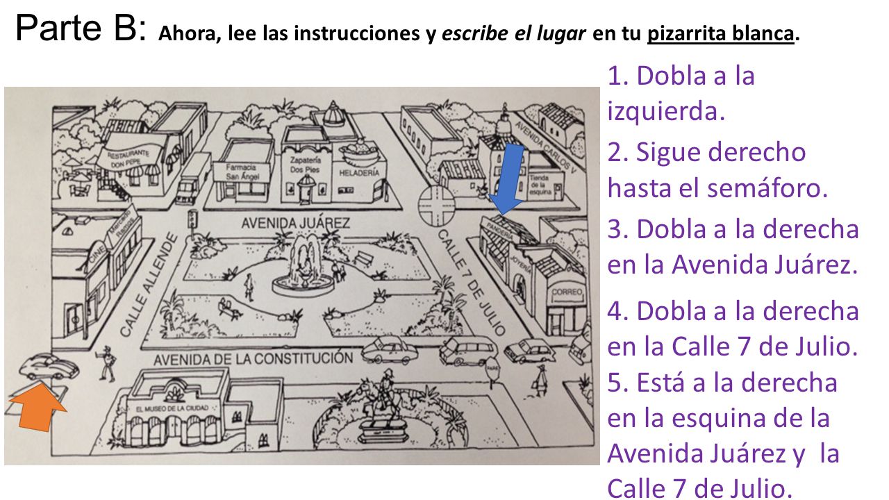Parte B: Ahora, lee las instrucciones y escribe el lugar en tu pizarrita blanca.
