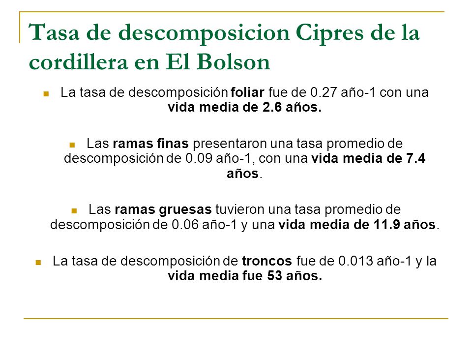 Tasa de descomposicion Cipres de la cordillera en El Bolson
