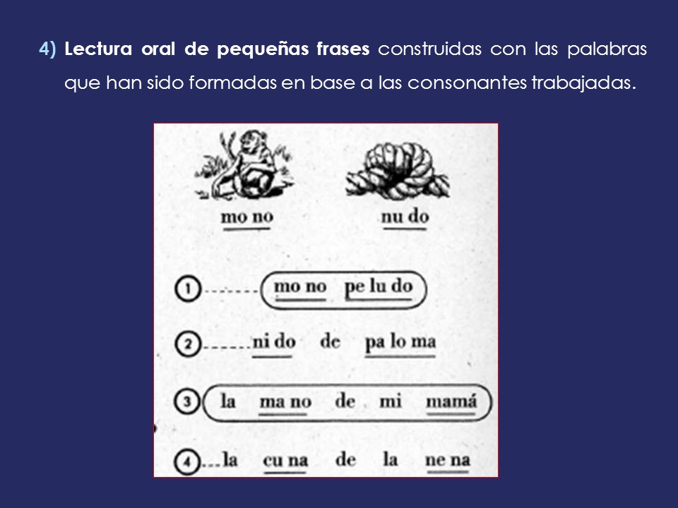 Lectura oral de pequeñas frases construidas con las palabras que han sido formadas en base a las consonantes trabajadas.