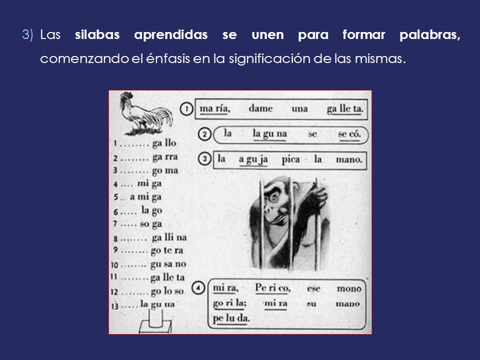 Las silabas aprendidas se unen para formar palabras, comenzando el énfasis en la significación de las mismas.