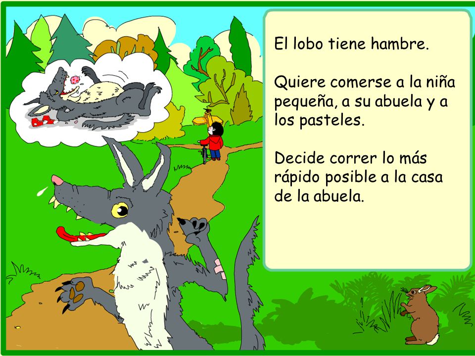 El lobo tiene hambre. Quiere comerse a la niña pequeña, a su abuela y a los pasteles.