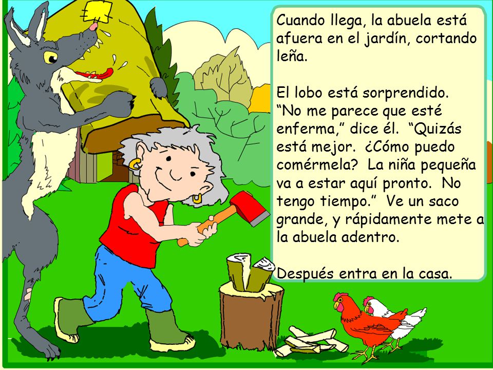 Cuando llega, la abuela está afuera en el jardín, cortando leña.