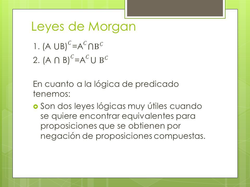 Leyes de Morgan 1. (A ⋃B) 𝐶 = A 𝐶 ⋂ B 𝐶 2 . (A ⋂ B) 𝐶 = A 𝐶 ⋃ B 𝐶