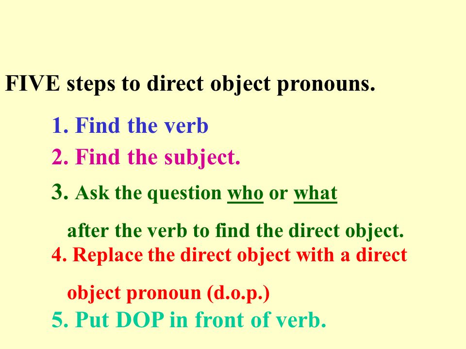 FIVE steps to direct object pronouns. 1. Find the verb