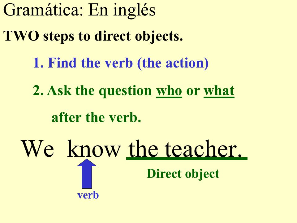 We know the teacher. Gramática: En inglés TWO steps to direct objects.