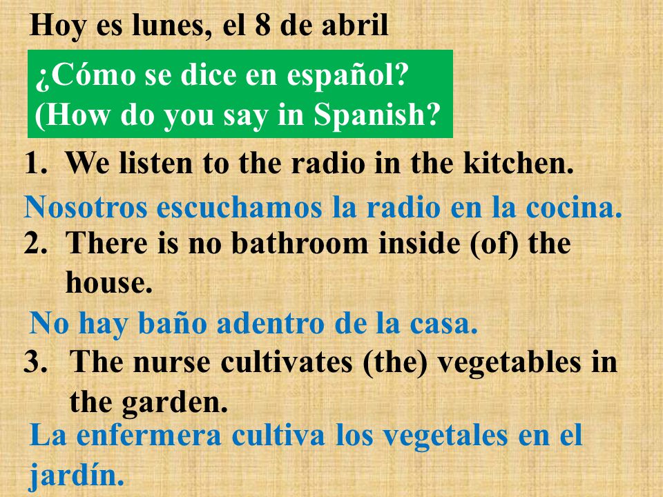 Hoy es lunes, el 8 de abril ¿Cómo se dice en español (How do you say in Spanish We listen to the radio in the kitchen.
