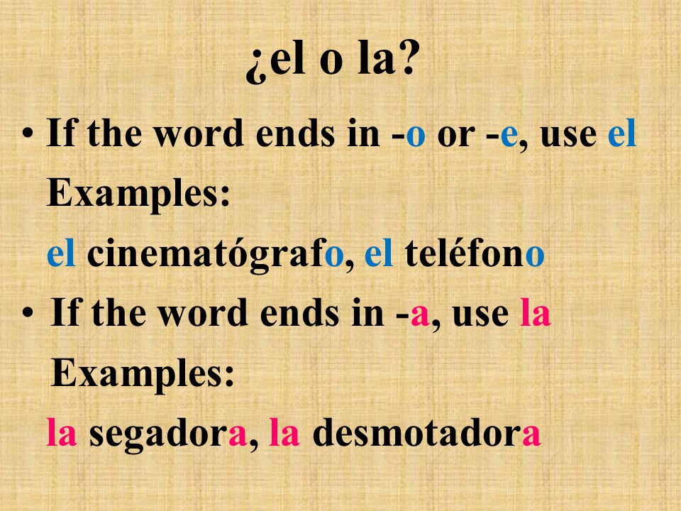 ¿el o la If the word ends in -o or -e, use el Examples: