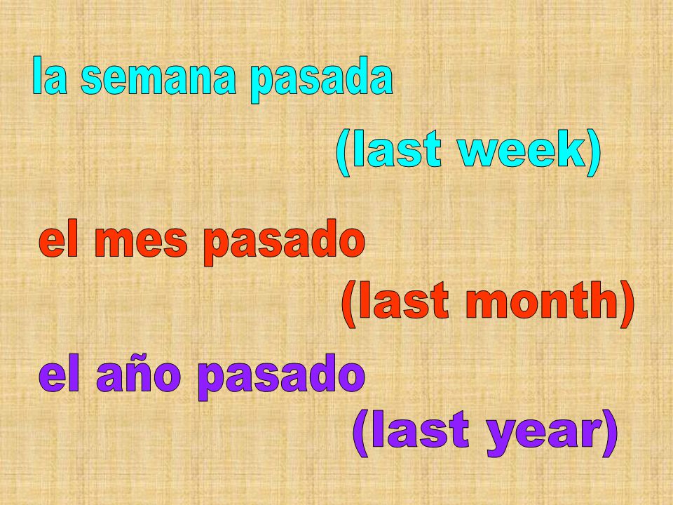 la semana pasada (last week) el mes pasado (last month) el año pasado (last year)