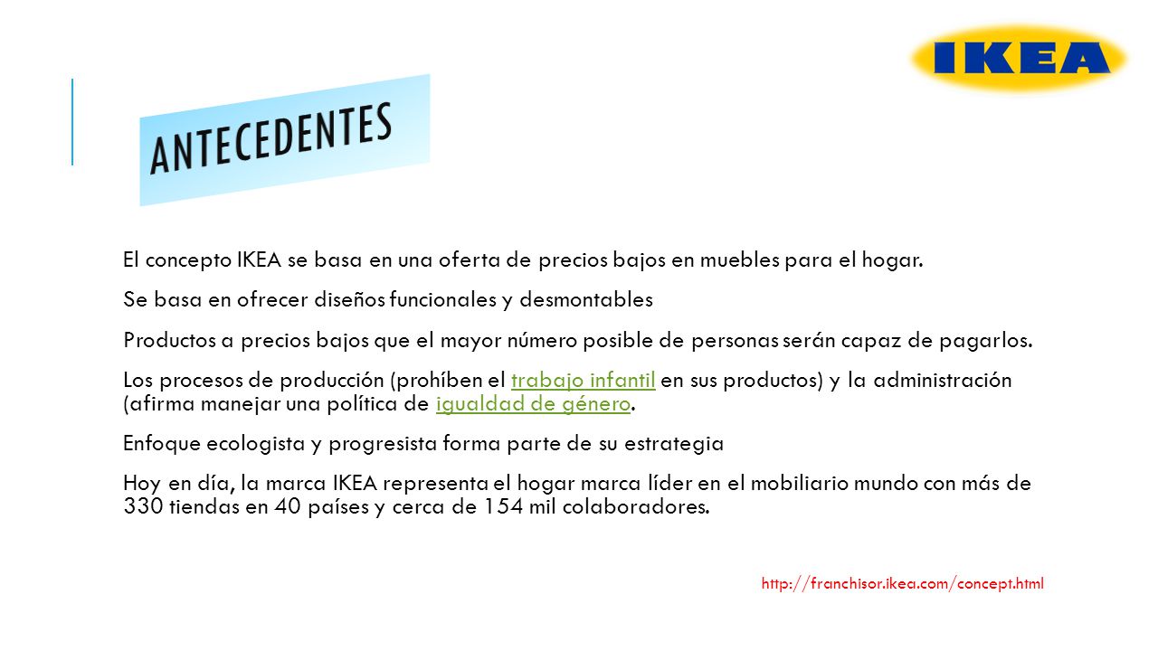 Antecedentes El concepto IKEA se basa en una oferta de precios bajos en muebles para el hogar. Se basa en ofrecer diseños funcionales y desmontables.