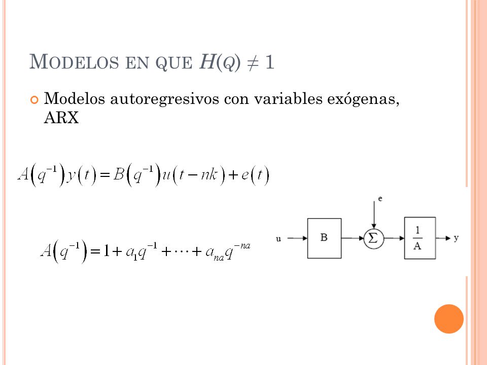 Modelos en que H(q) ≠ 1 Modelos autoregresivos con variables exógenas, ARX