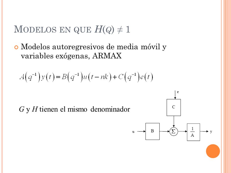 Modelos en que H(q) ≠ 1 Modelos autoregresivos de media móvil y variables exógenas, ARMAX.