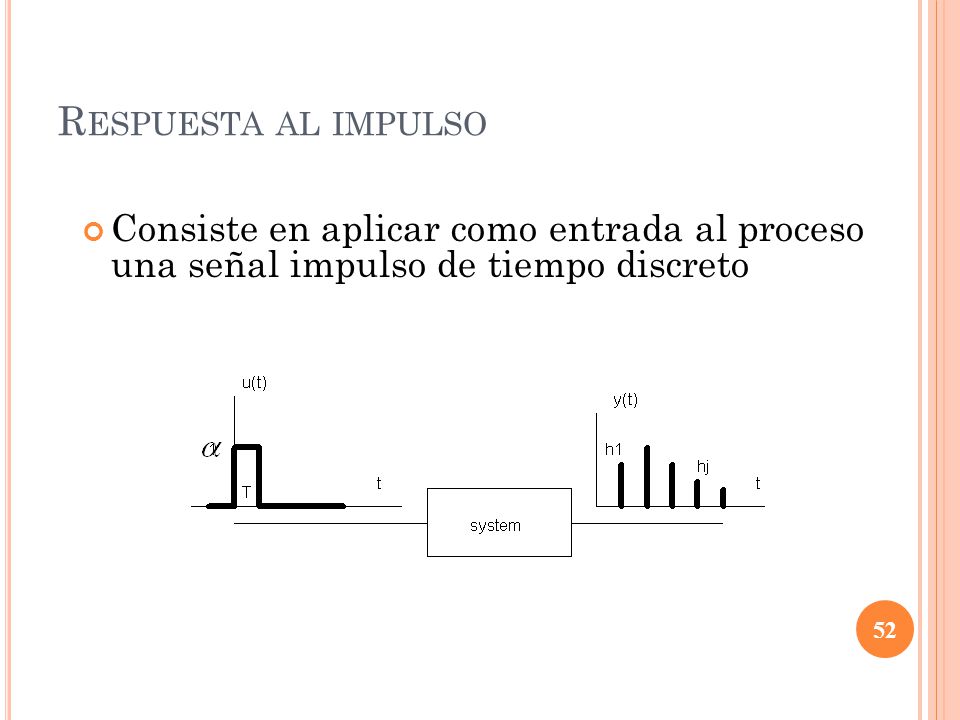Respuesta al impulso Consiste en aplicar como entrada al proceso una señal impulso de tiempo discreto.