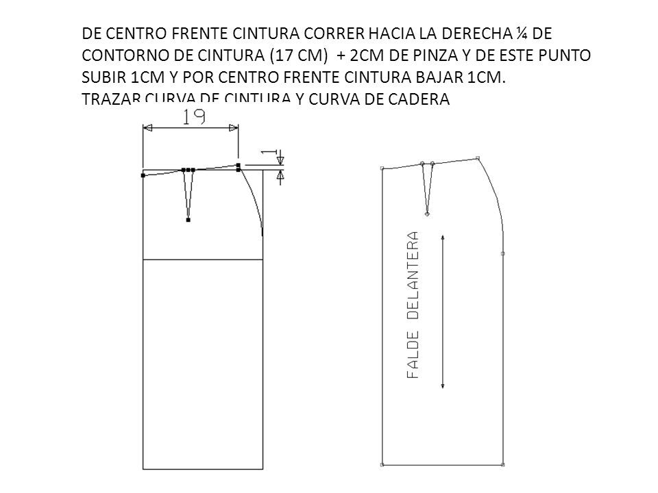 DE CENTRO FRENTE CINTURA CORRER HACIA LA DERECHA ¼ DE CONTORNO DE CINTURA (17 CM) + 2CM DE PINZA Y DE ESTE PUNTO SUBIR 1CM Y POR CENTRO FRENTE CINTURA BAJAR 1CM.