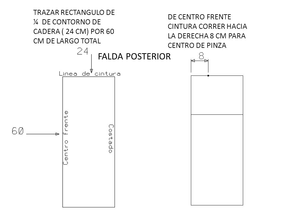 TRAZAR RECTANGULO DE ¼ DE CONTORNO DE CADERA ( 24 CM) POR 60 CM DE LARGO TOTAL