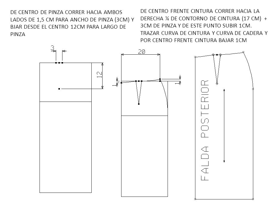 DE CENTRO DE PINZA CORRER HACIA AMBOS LADOS DE 1,5 CM PARA ANCHO DE PINZA (3CM) Y BJAR DESDE EL CENTRO 12CM PARA LARGO DE PINZA