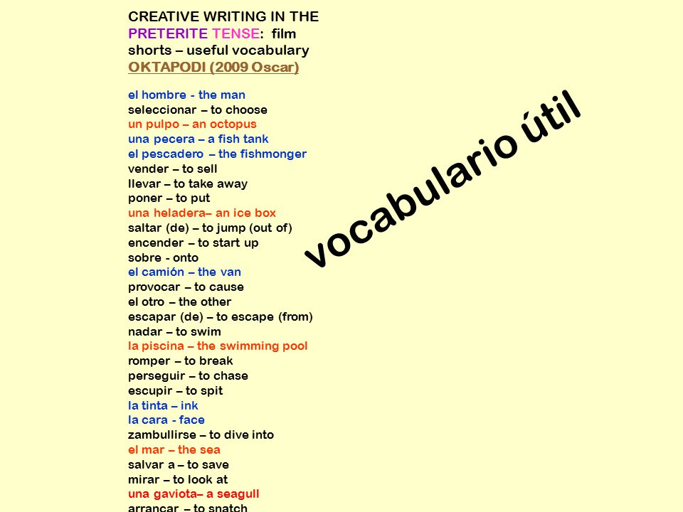 CREATIVE WRITING IN THE PRETERITE TENSE: film shorts – useful vocabulary