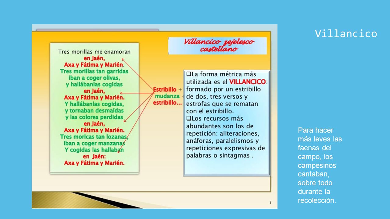 Villancico Para hacer más leves las faenas del campo, los campesinos cantaban, sobre todo durante la recolección.