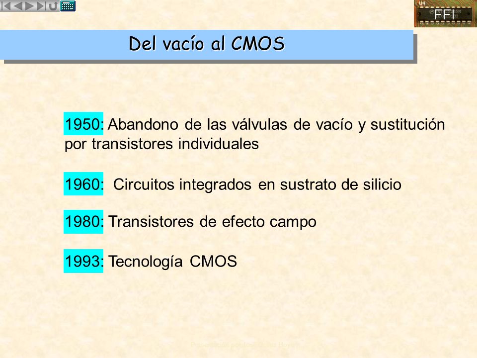 Del vacío al CMOS 1950: Abandono de las válvulas de vacío y sustitución por transistores individuales.