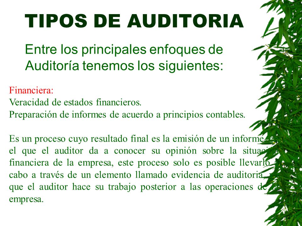 TIPOS DE AUDITORIA Entre los principales enfoques de Auditoría tenemos los siguientes: Financiera: