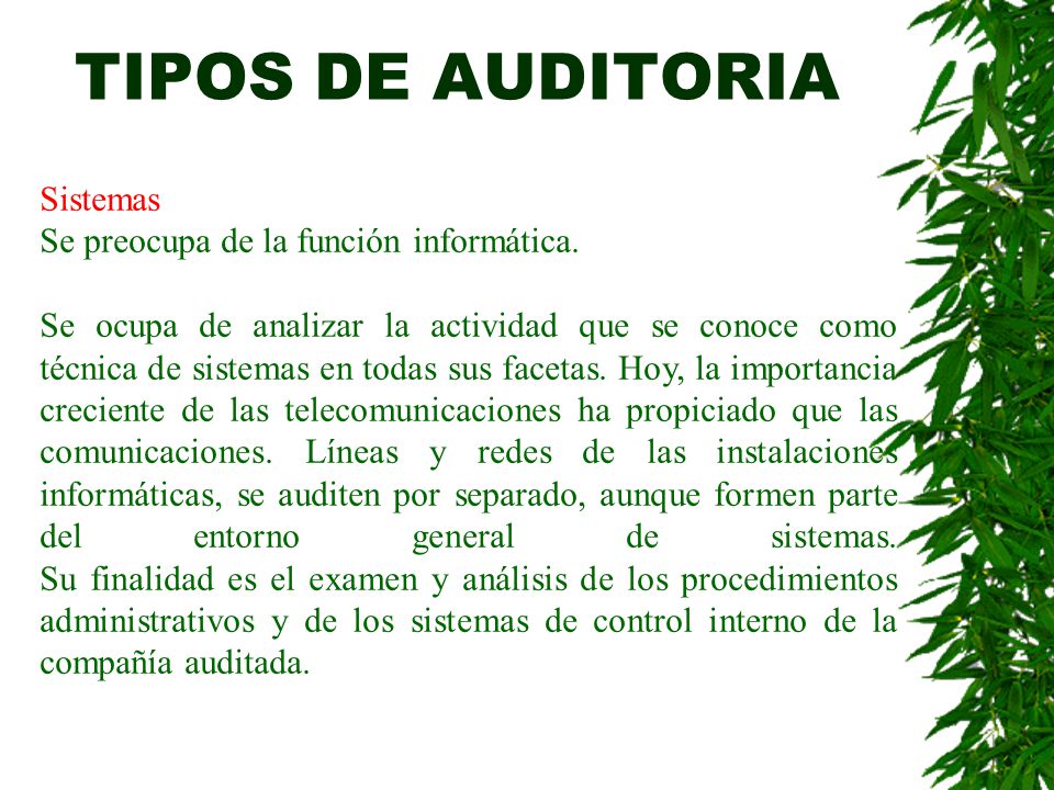 TIPOS DE AUDITORIA Sistemas Se preocupa de la función informática.