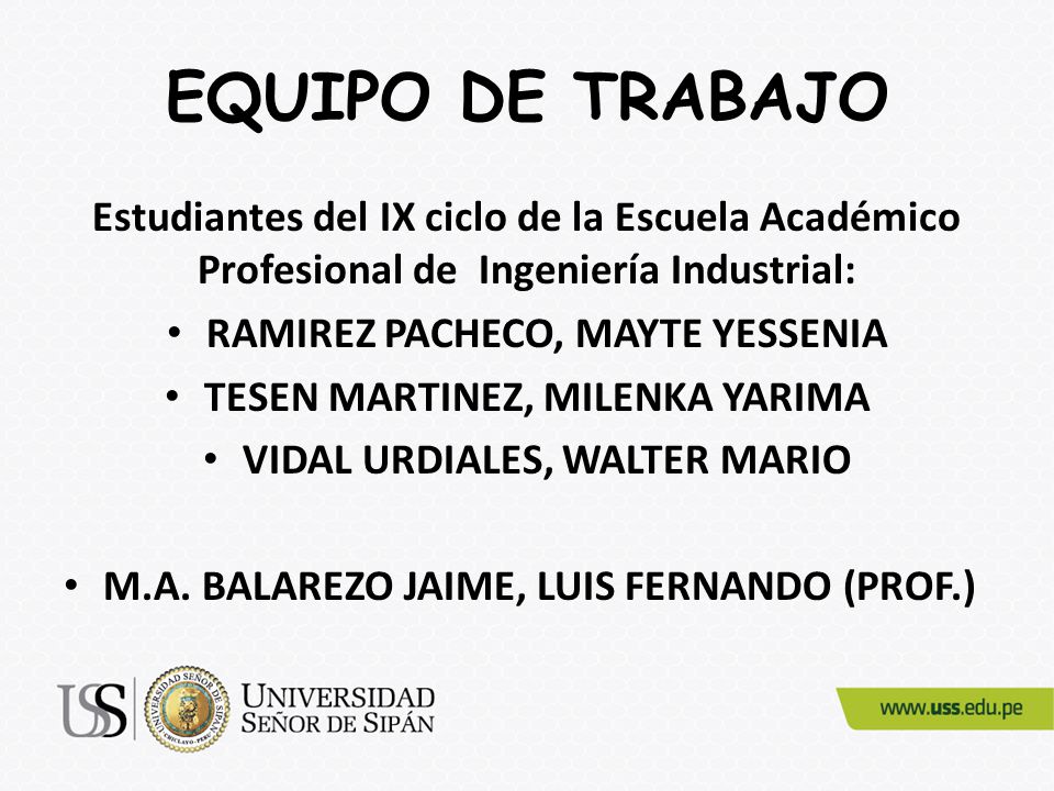 EQUIPO DE TRABAJO Estudiantes del IX ciclo de la Escuela Académico Profesional de Ingeniería Industrial: