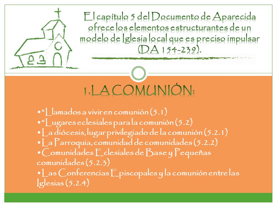 El capítulo 5 del Documento de Aparecida ofrece los elementos estructurantes de un modelo de Iglesia local que es preciso impulsar (DA ).