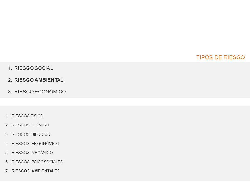 TIPOS DE RIESGO RIESGO SOCIAL RIESGO AMBIENTAL RIESGO ECONÓMICO